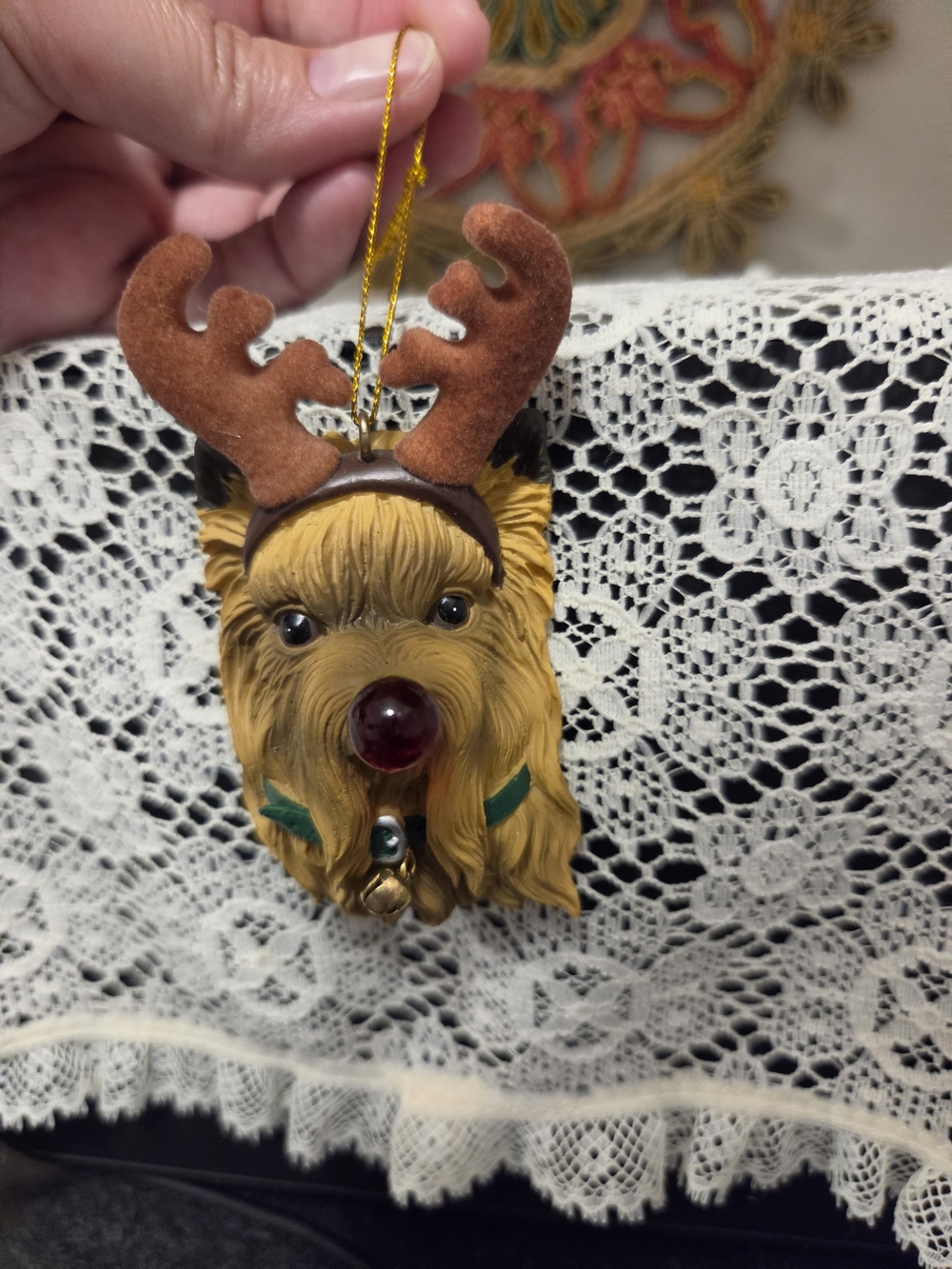 Holiday Dog Ornament - Brown Reindeer Yorkie with Red Nose